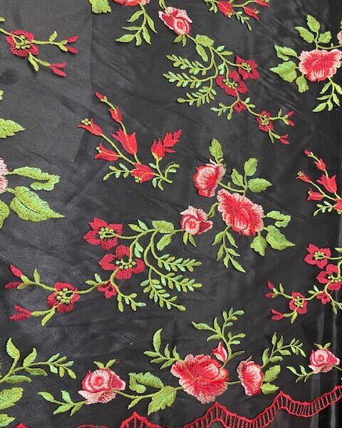 LA Fabric Spot Inc, lightweight mesh lace fabric features embroidered on mesh with red flowers and green leafs